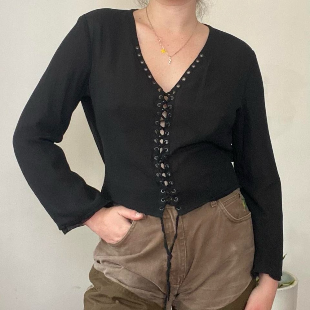 Black silk grommet lace-up top